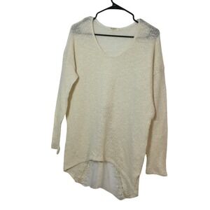 Promesa Cream Knit Sweater Lace Trim Hi-Low Hem VNeck LongSleeve Top sizeL (293)